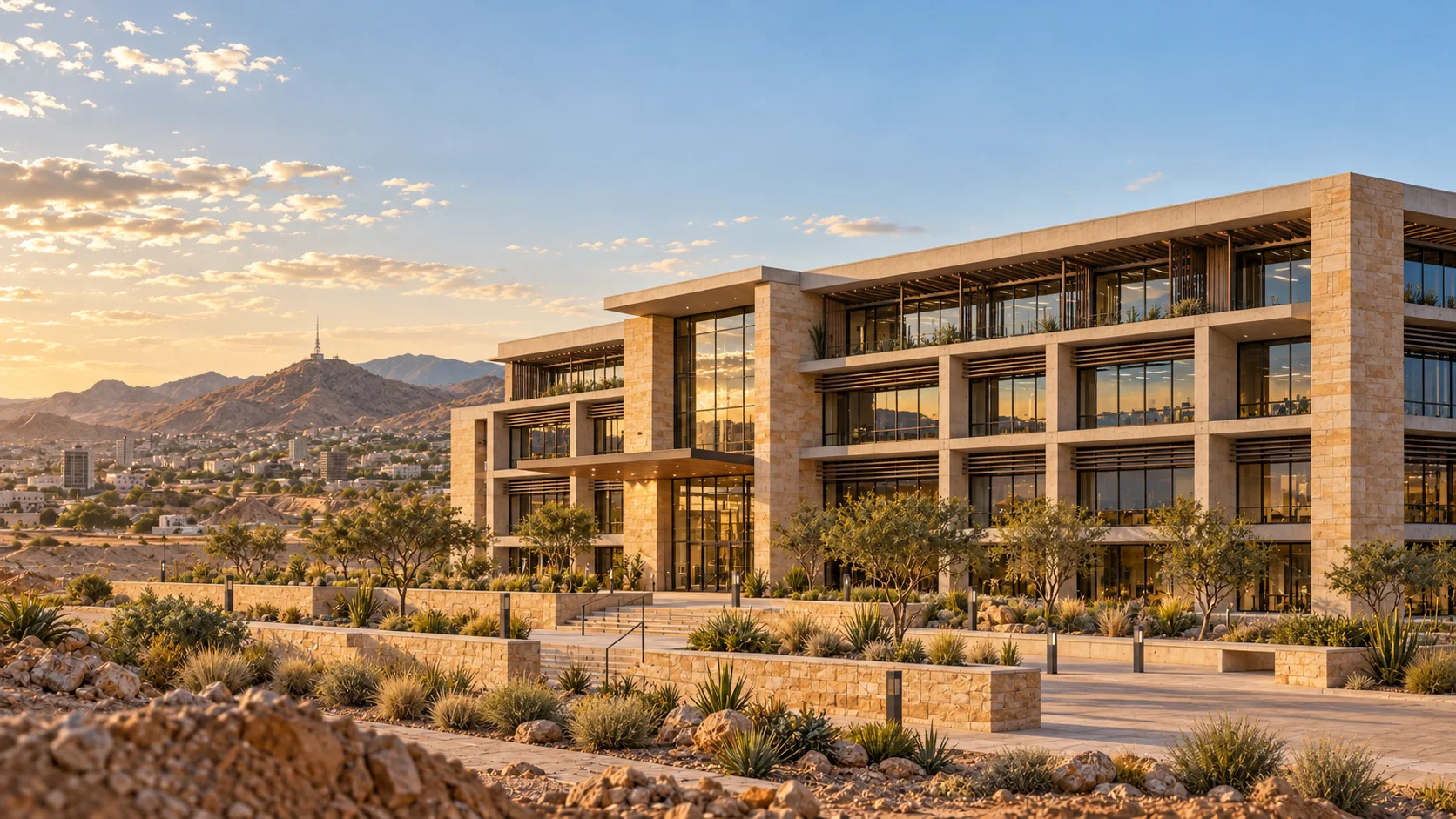 Concept imagery of a completed contemporary building with warm stone and glass against Windhoek’s hills at sunset
