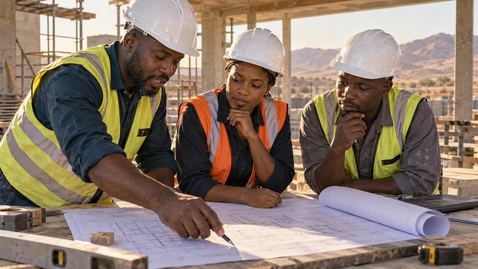 Concept portrait of construction professionals collaborating on site